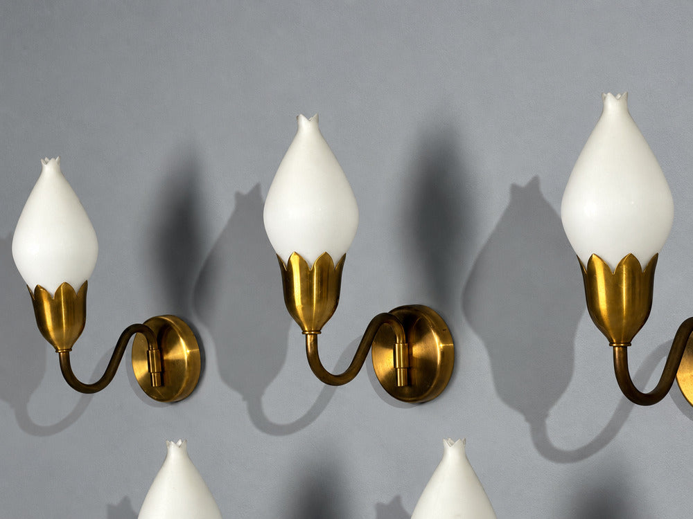 Fog & Mørup, Eight Wall Lights, Brass, Glass, Denmark, 1950s