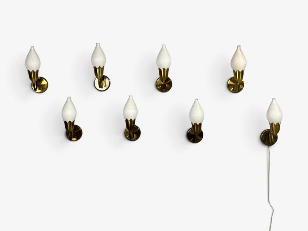 Fog & Mørup, Eight Wall Lights, Brass, Glass, Denmark, 1950s