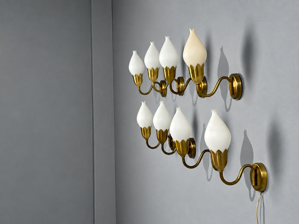 Fog & Mørup, Eight Wall Lights, Brass, Glass, Denmark, 1950s