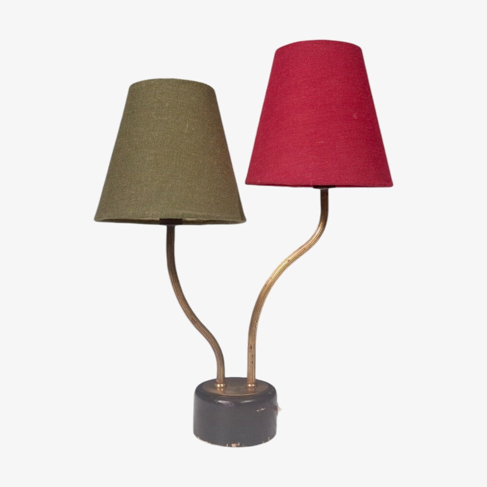 Swedish Modern, Two-Arm Table Lamp, Brass, Black Painted Wood, Sweden, 1950s