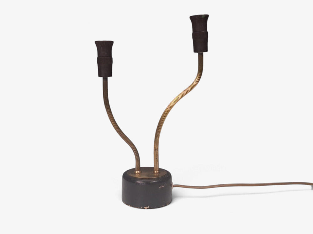 Swedish Modern, Two-Arm Table Lamp, Brass, Black Painted Wood, Sweden, 1950s