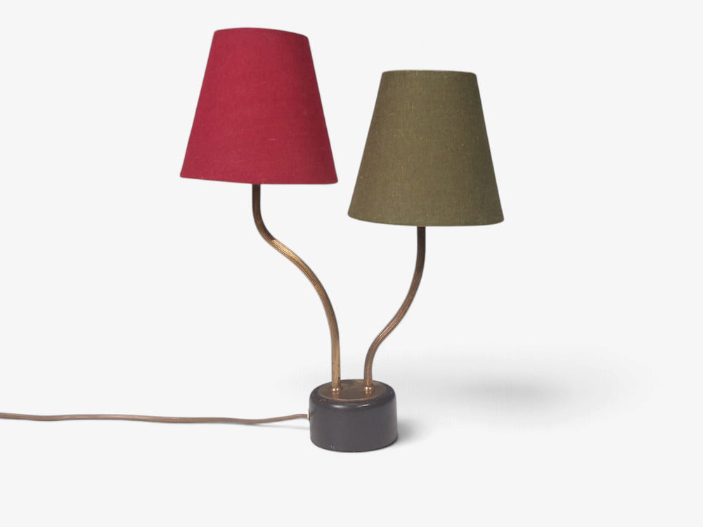 Swedish Modern, Two-Arm Table Lamp, Brass, Black Painted Wood, Sweden, 1950s