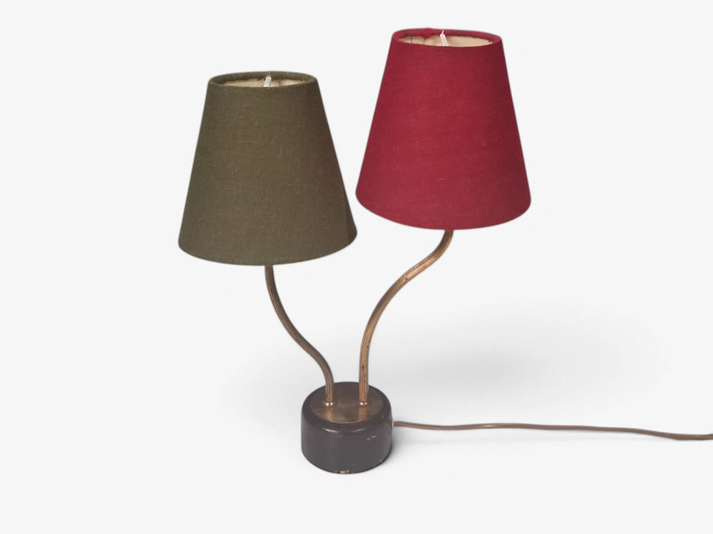 Swedish Modern, Two-Arm Table Lamp, Brass, Black Painted Wood, Sweden, 1950s