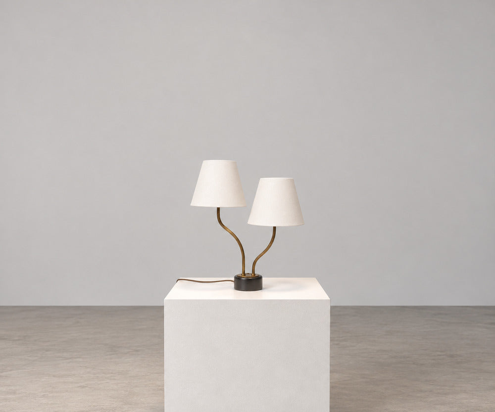 Swedish Modern, Two-Arm Table Lamp, Brass, Black Painted Wood, Sweden, 1950s