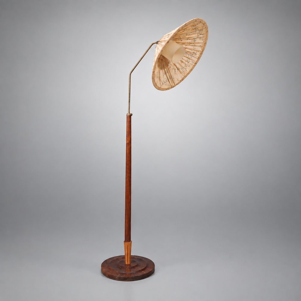 Swedish Modern, Double Shade Floor Lamp, Wood, Metal, Fabric, Sweden, 1950s