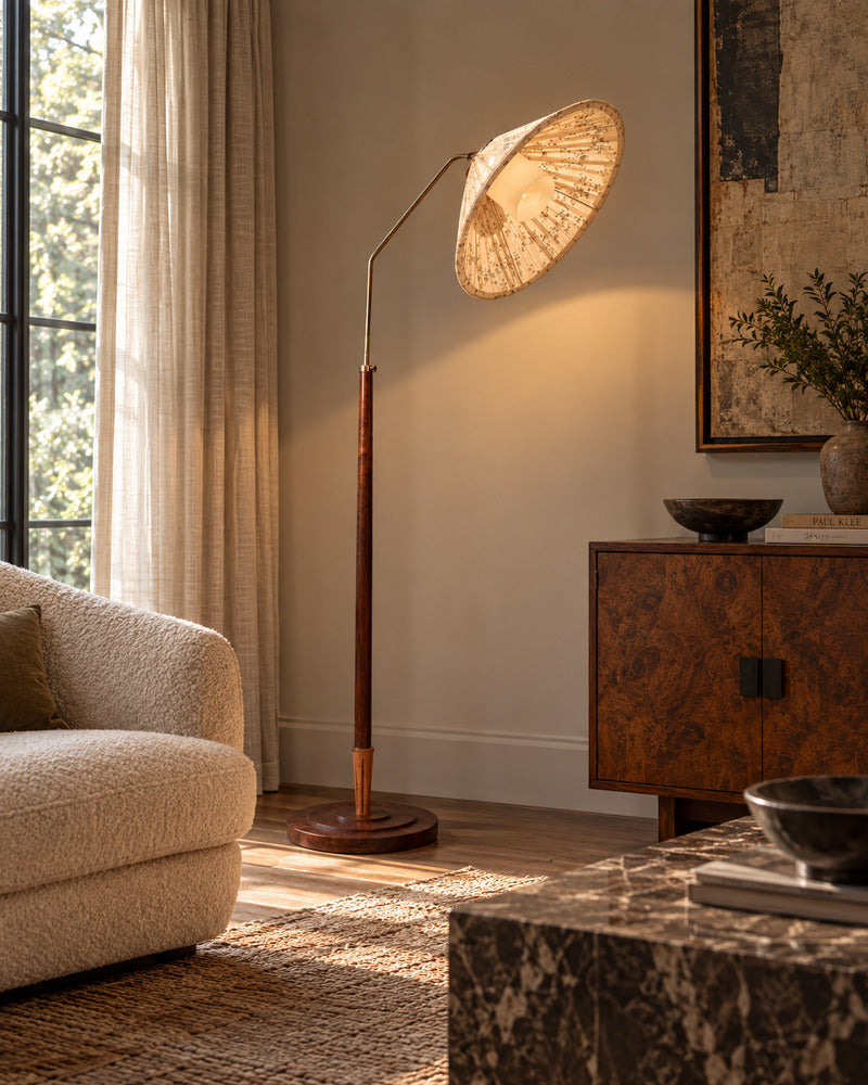 Swedish Modern, Double Shade Floor Lamp, Wood, Metal, Fabric, Sweden, 1950s