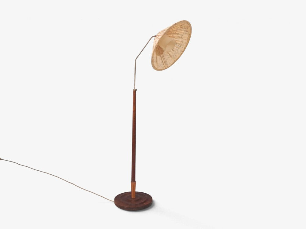 Swedish Modern, Double Shade Floor Lamp, Wood, Metal, Fabric, Sweden, 1950s