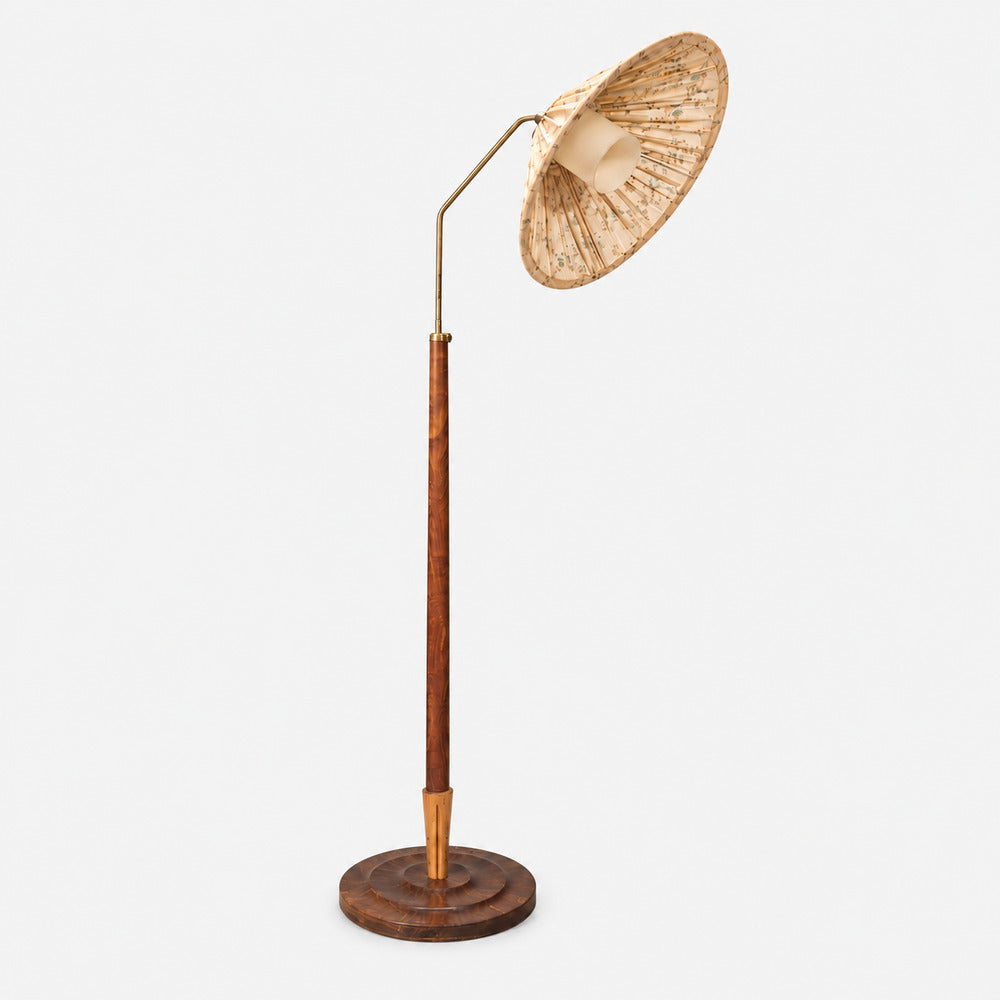 Swedish Modern, Double Shade Floor Lamp, Wood, Metal, Fabric, Sweden, 1950s