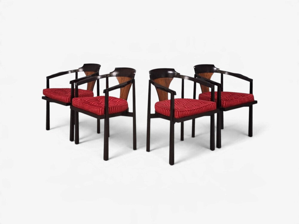 Edward Wormley, Horseshoe Chairs, Mahogany, Rosewood, Red Fabric, USA, 1950s