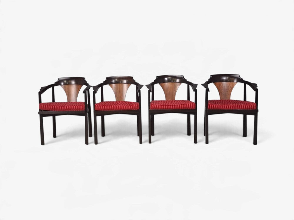 Edward Wormley, Horseshoe Chairs, Mahogany, Rosewood, Red Fabric, USA, 1950s