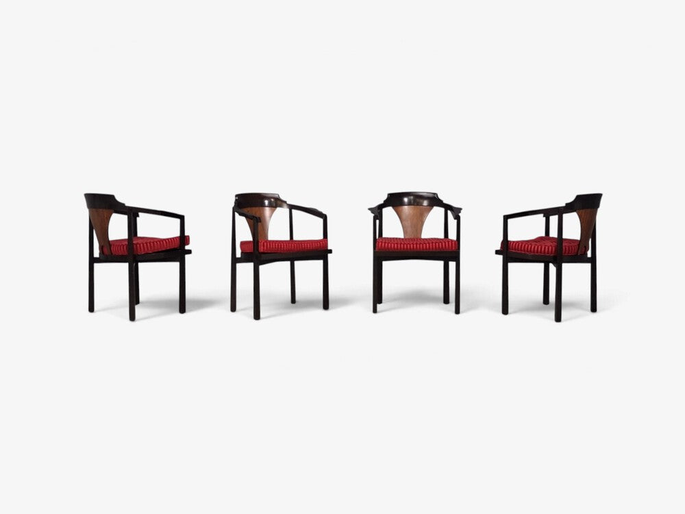 Edward Wormley, Horseshoe Chairs, Mahogany, Rosewood, Red Fabric, USA, 1950s