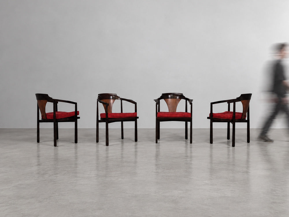 Edward Wormley, Horseshoe Chairs, Mahogany, Rosewood, Red Fabric, USA, 1950s
