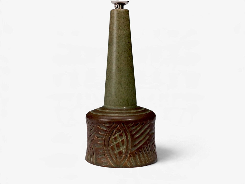 PM Keramik, Tall Table Lamp, Green and Brown Carved Ceramic, Denmark, 1960s