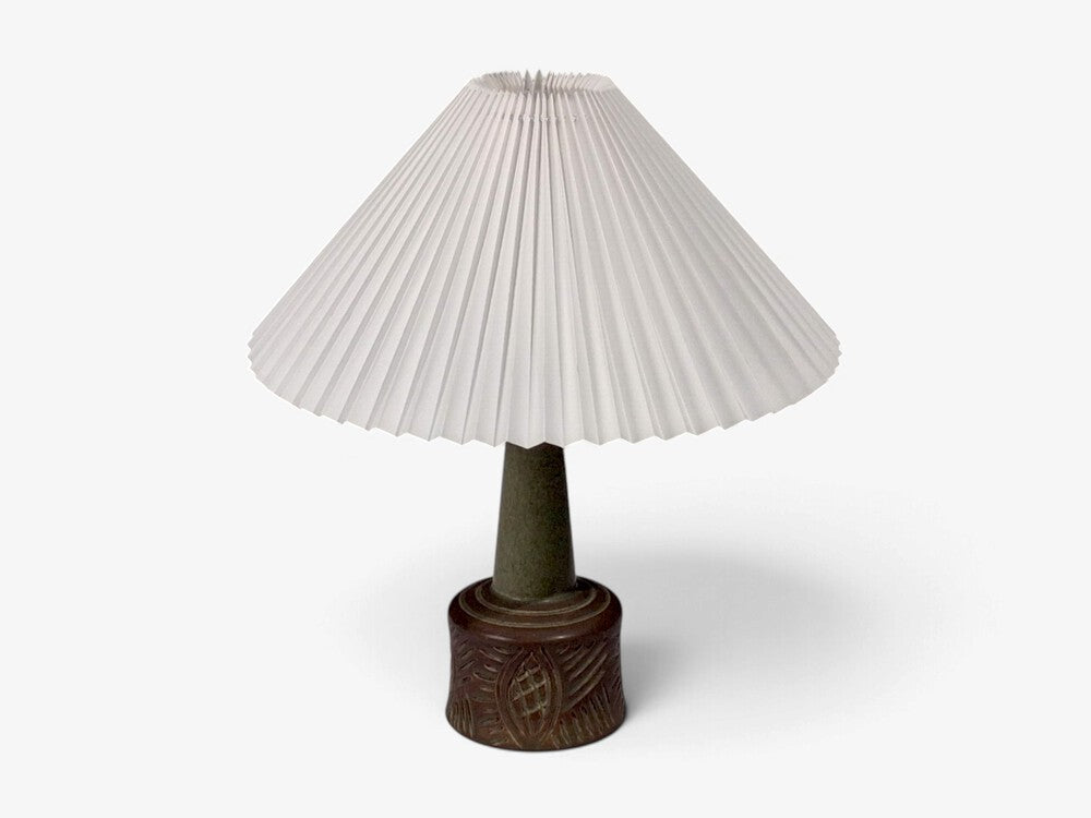 PM Keramik, Tall Table Lamp, Green and Brown Carved Ceramic, Denmark, 1960s