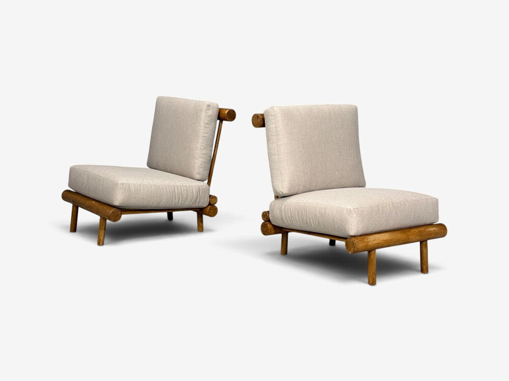 Charlotte Perriand, Rare 'La Cachette' Lounge Chairs, Oak, Fabric, France, 1960s