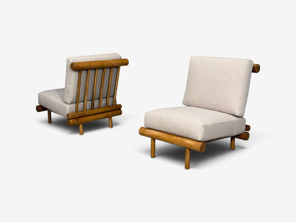 Charlotte Perriand, Rare 'La Cachette' Lounge Chairs, Oak, Fabric, France, 1960s