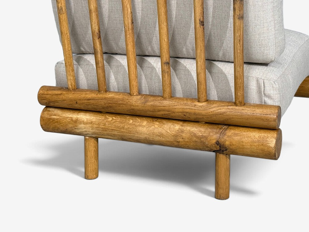 Charlotte Perriand, Rare 'La Cachette' Lounge Chairs, Oak, Fabric, France, 1960s