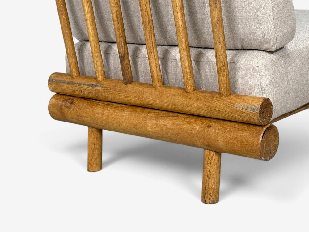 Charlotte Perriand, Rare 'La Cachette' Lounge Chairs, Oak, Fabric, France, 1960s