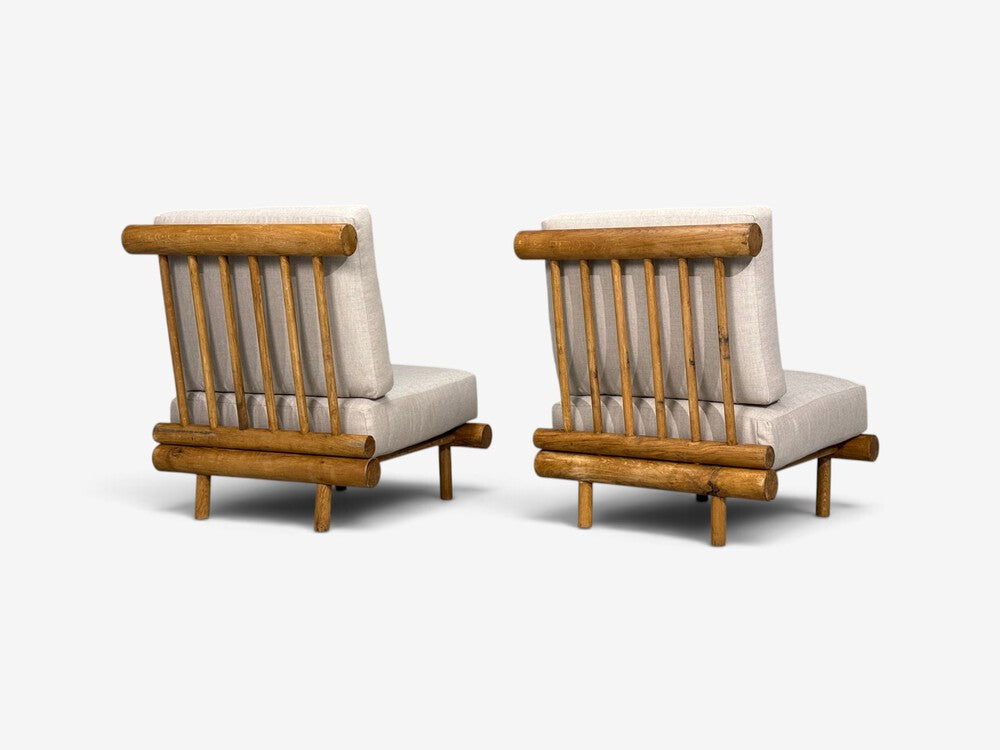 Charlotte Perriand, Rare 'La Cachette' Lounge Chairs, Oak, Fabric, France, 1960s