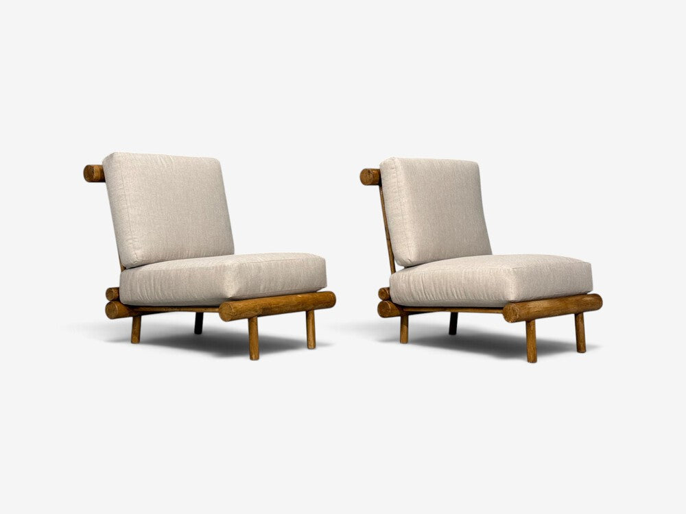 Charlotte Perriand, Rare 'La Cachette' Lounge Chairs, Oak, Fabric, France, 1960s