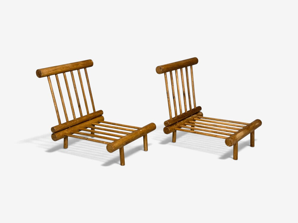 Charlotte Perriand, Rare 'La Cachette' Lounge Chairs, Oak, Fabric, France, 1960s