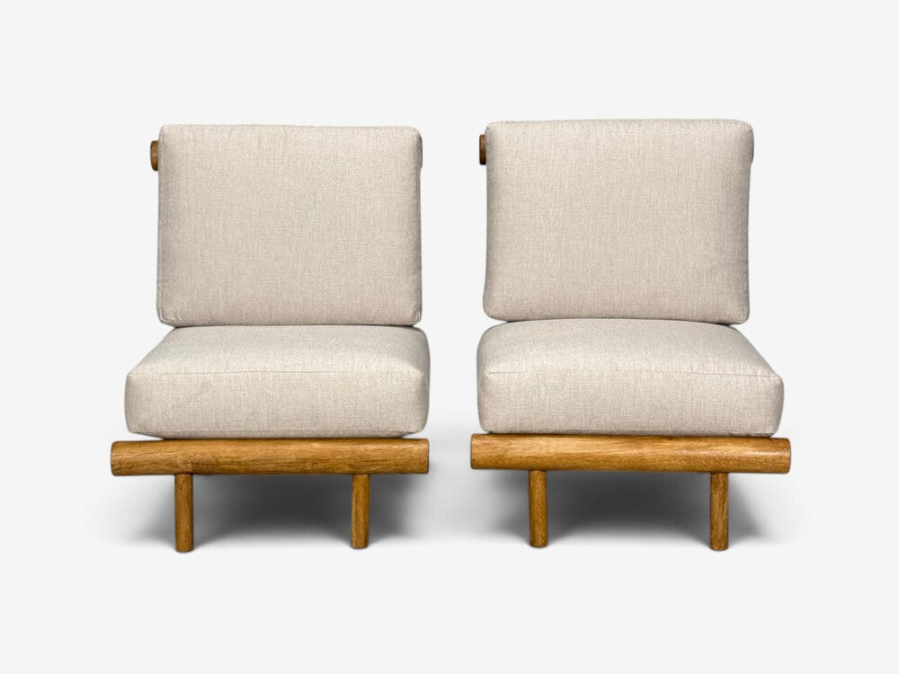 Charlotte Perriand, Rare 'La Cachette' Lounge Chairs, Oak, Fabric, France, 1960s