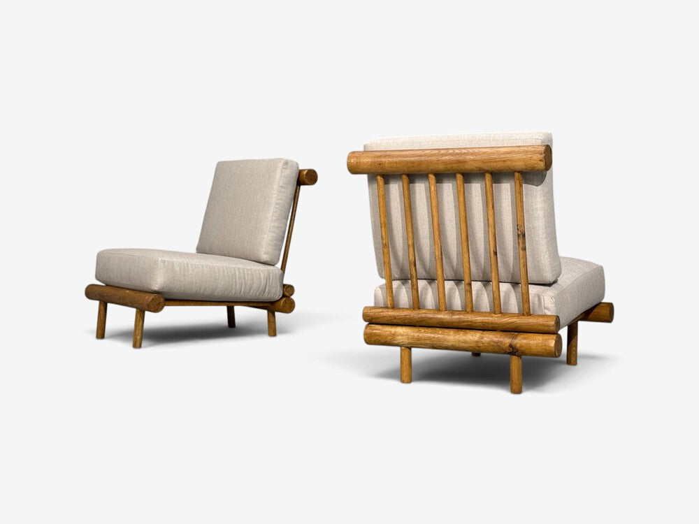 Charlotte Perriand, Rare 'La Cachette' Lounge Chairs, Oak, Fabric, France, 1960s