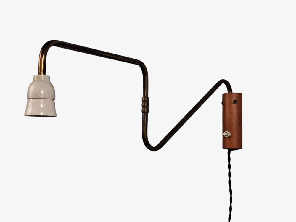 Danish Modern, Articulating Wall Sconce, Brass, Beech Wood, Denmark, 1940s