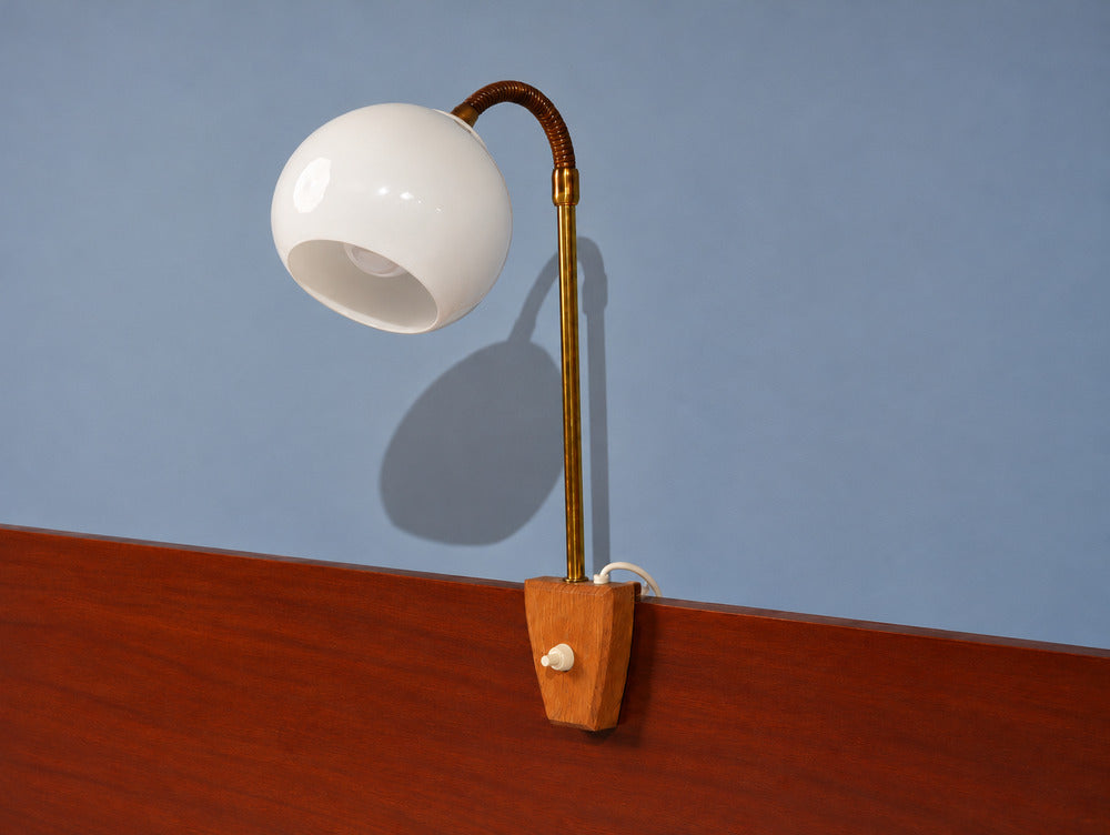 Swedish Modern, Clip-On Task Light, Brass, Wood, Glass, Sweden, 1950s