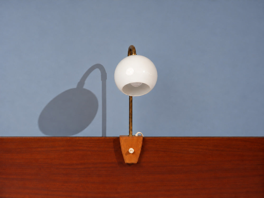 Swedish Modern, Clip-On Task Light, Brass, Wood, Glass, Sweden, 1950s