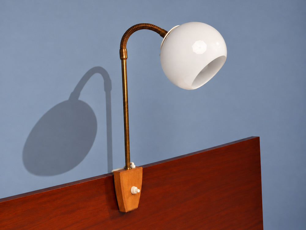 Swedish Modern, Clip-On Task Light, Brass, Wood, Glass, Sweden, 1950s