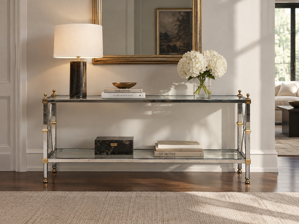Maison Jansen Style, Neoclassical Console Table, Chrome, Brass, France, 1970s