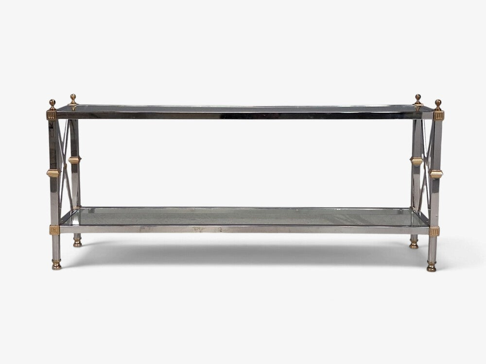 Maison Jansen Style, Neoclassical Console Table, Chrome, Brass, France, 1970s