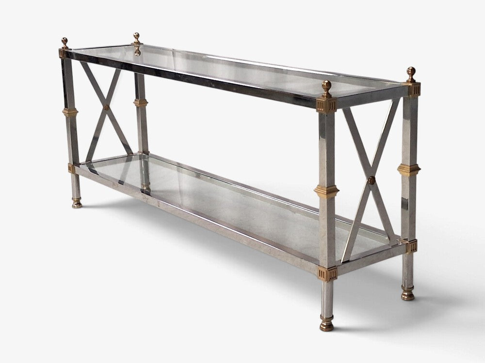 Maison Jansen Style, Neoclassical Console Table, Chrome, Brass, France, 1970s