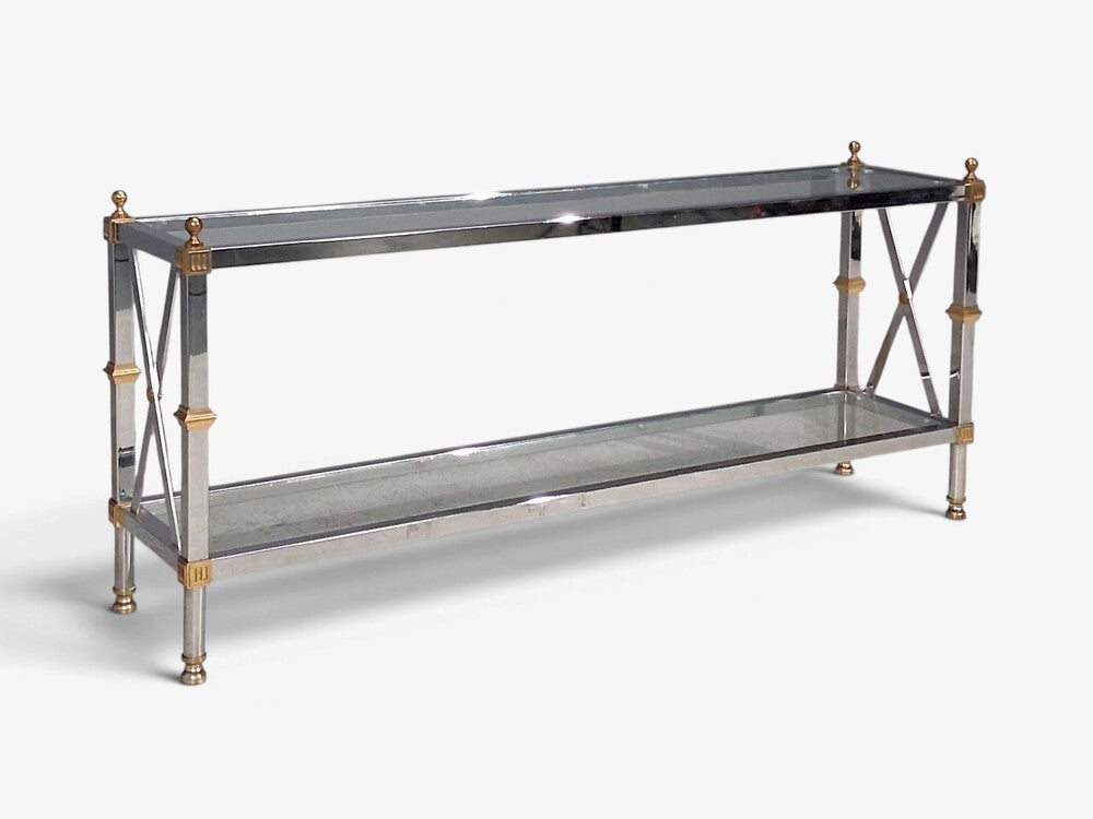 Maison Jansen Style, Neoclassical Console Table, Chrome, Brass, France, 1970s