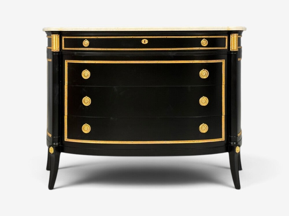Maison Jansen Style, Louis XVI Bow Front Chest, Ebonized Wood, France, 1900s