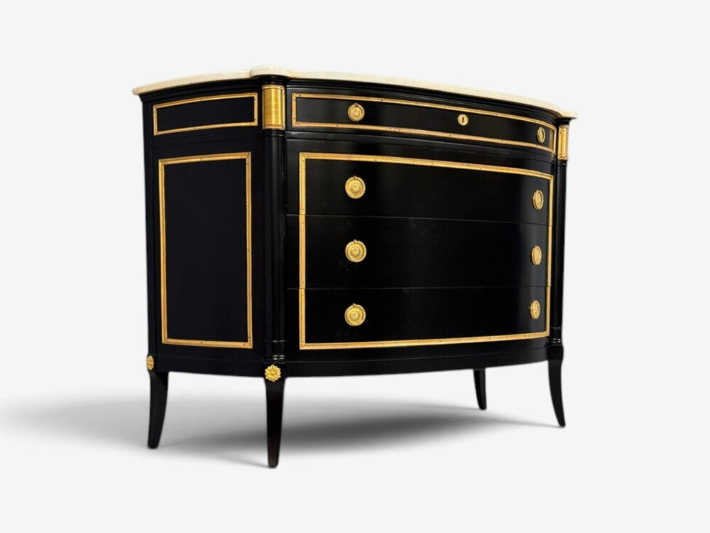 Maison Jansen Style, Louis XVI Bow Front Chest, Ebonized Wood, France, 1900s