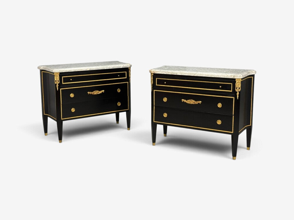 Louis XVI, Hollywood Regency, Commodes, Ebonized, Bronze, Marble, 20th c.