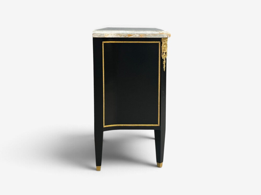 Louis XVI, Hollywood Regency, Commodes, Ebonized, Bronze, Marble, 20th c.