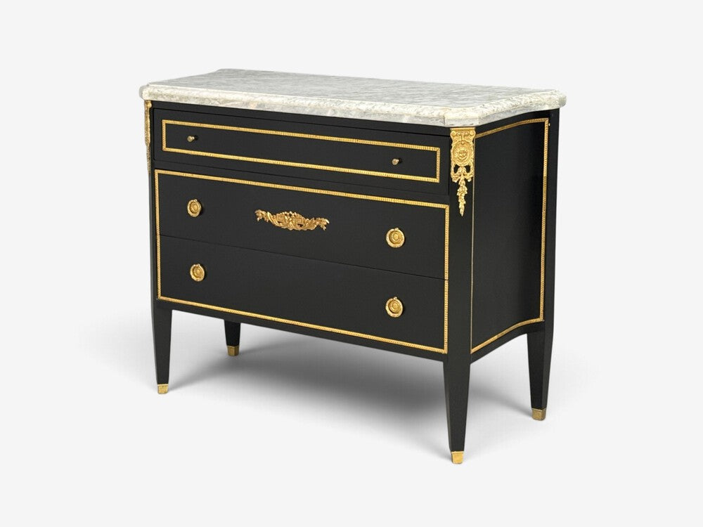 Louis XVI, Hollywood Regency, Commodes, Ebonized, Bronze, Marble, 20th c.