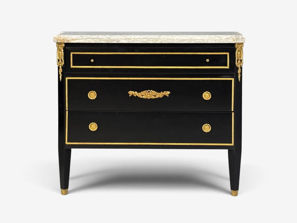 Louis XVI, Hollywood Regency, Commodes, Ebonized, Bronze, Marble, 20th c.