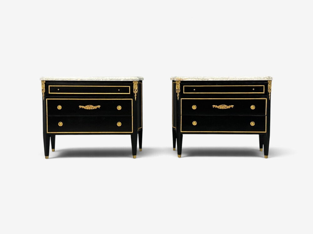 Louis XVI, Hollywood Regency, Commodes, Ebonized, Bronze, Marble, 20th c.