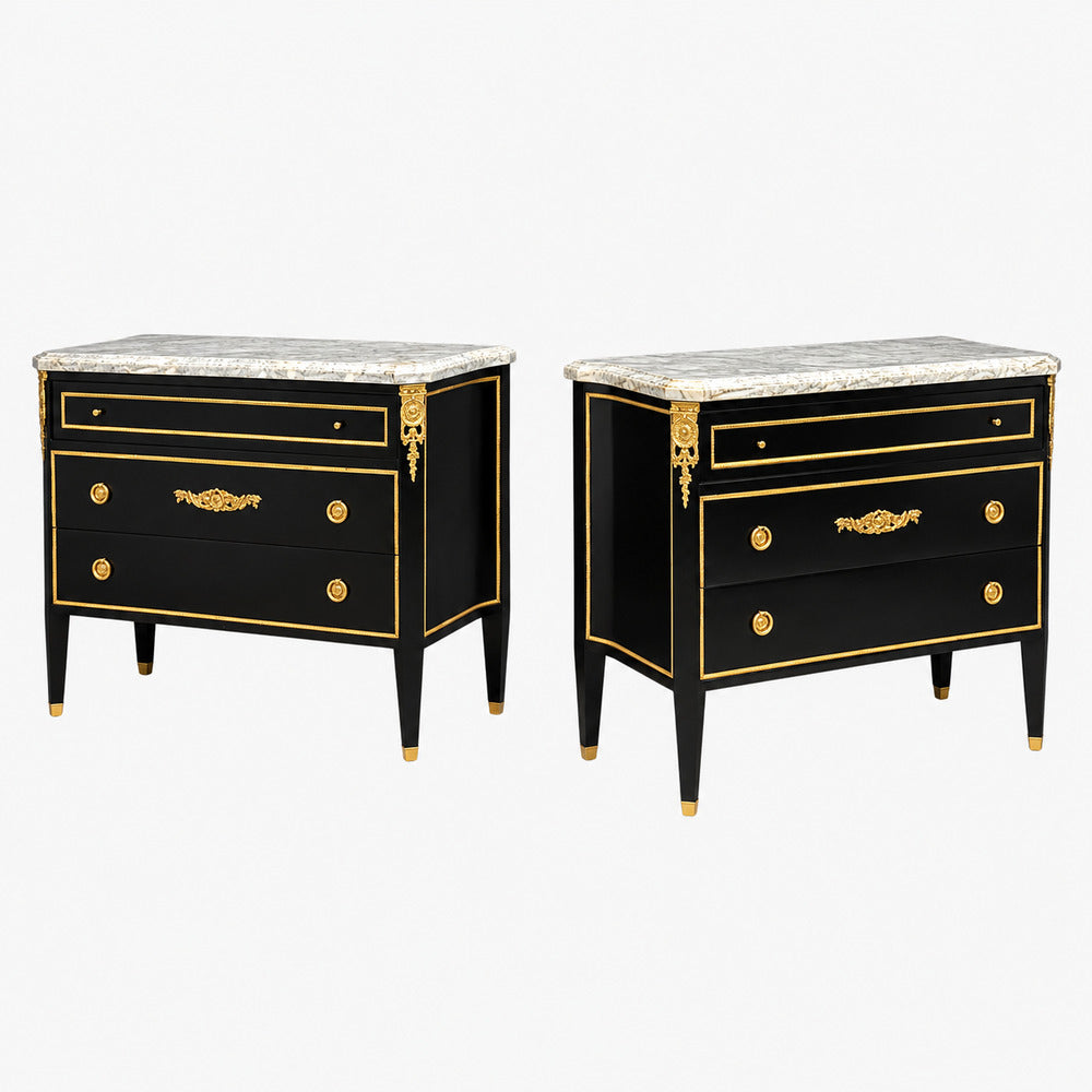 Louis XVI, Hollywood Regency, Commodes, Ebonized, Bronze, Marble, 20th c.