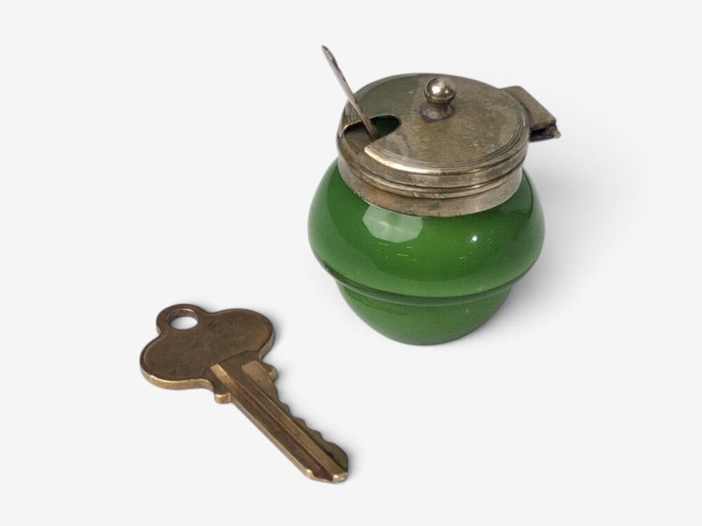 Art Deco, Snuff or Cocaine Lidded Pot, Green Art Glass, Sterling Silver, 1930s