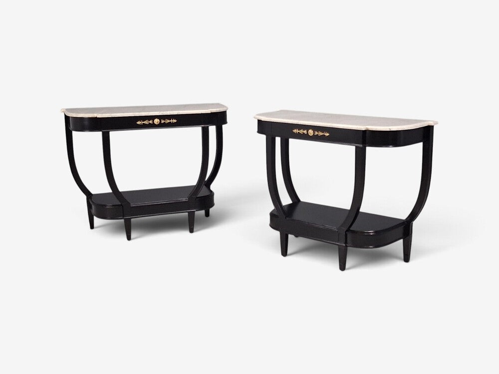 Louis XVI Style, Console Tables, Ebonized Wood, Bronze, Marble, France, 20th c.