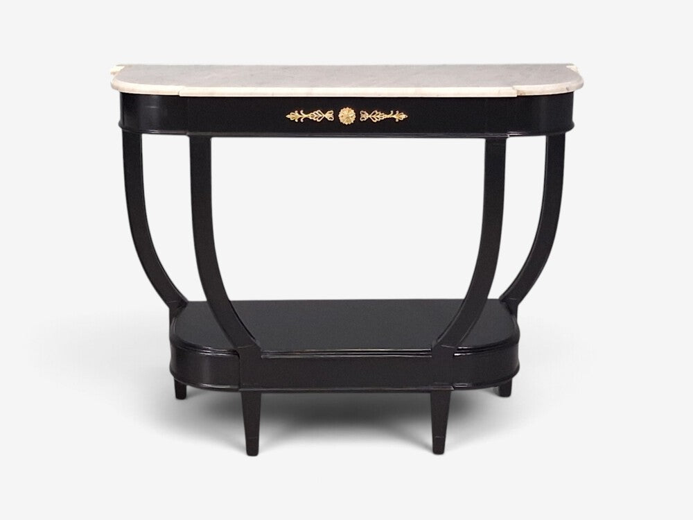 Louis XVI Style, Console Tables, Ebonized Wood, Bronze, Marble, France, 20th c.