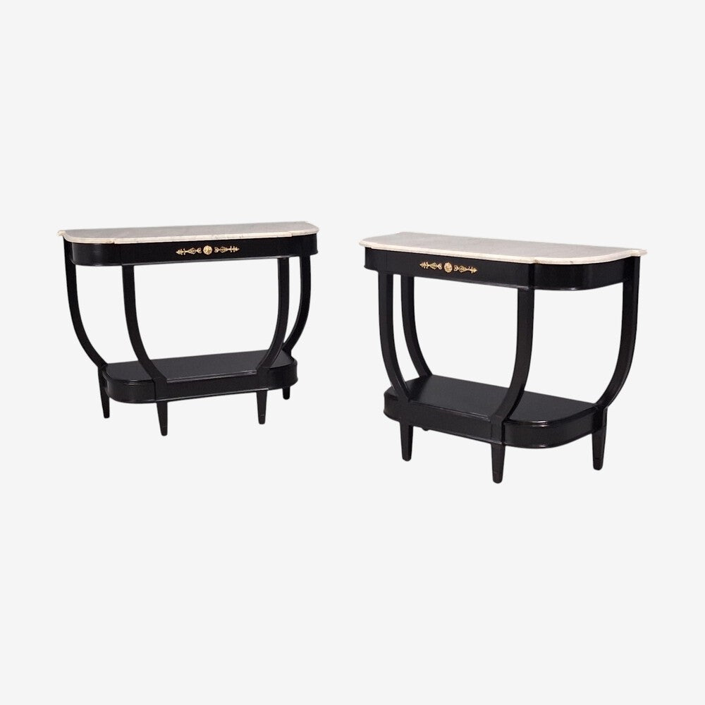 Louis XVI Style, Console Tables, Ebonized Wood, Bronze, Marble, France, 20th c.