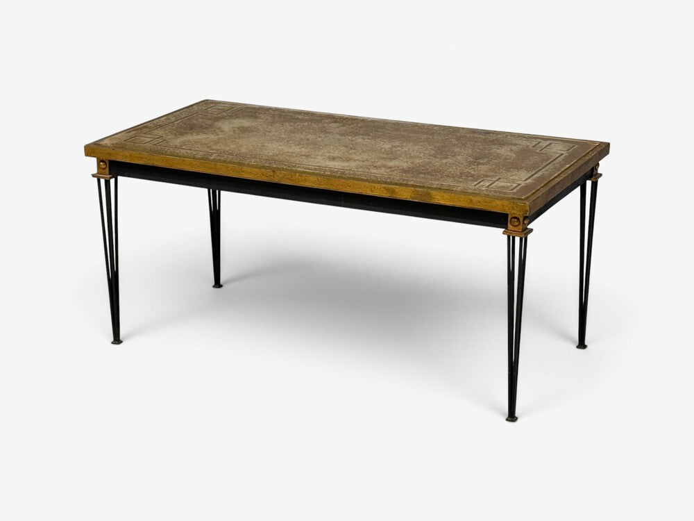 Jacques Quinet Style, Coffee Table, Gold Églomisé Glass, Iron, France, 1960s