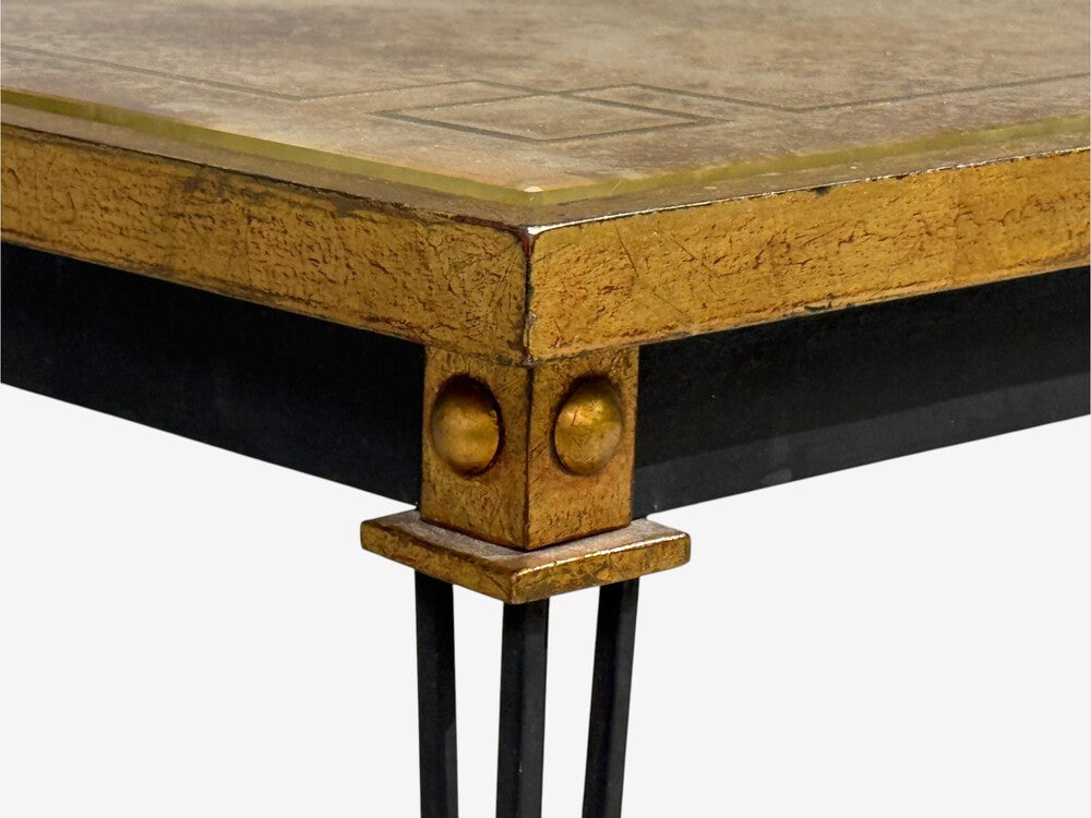 Jacques Quinet Style, Coffee Table, Gold Églomisé Glass, Iron, France, 1960s