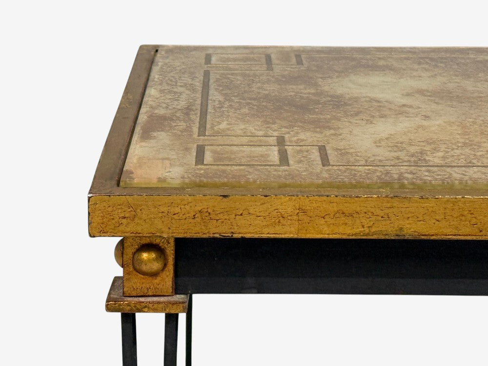 Jacques Quinet Style, Coffee Table, Gold Églomisé Glass, Iron, France, 1960s